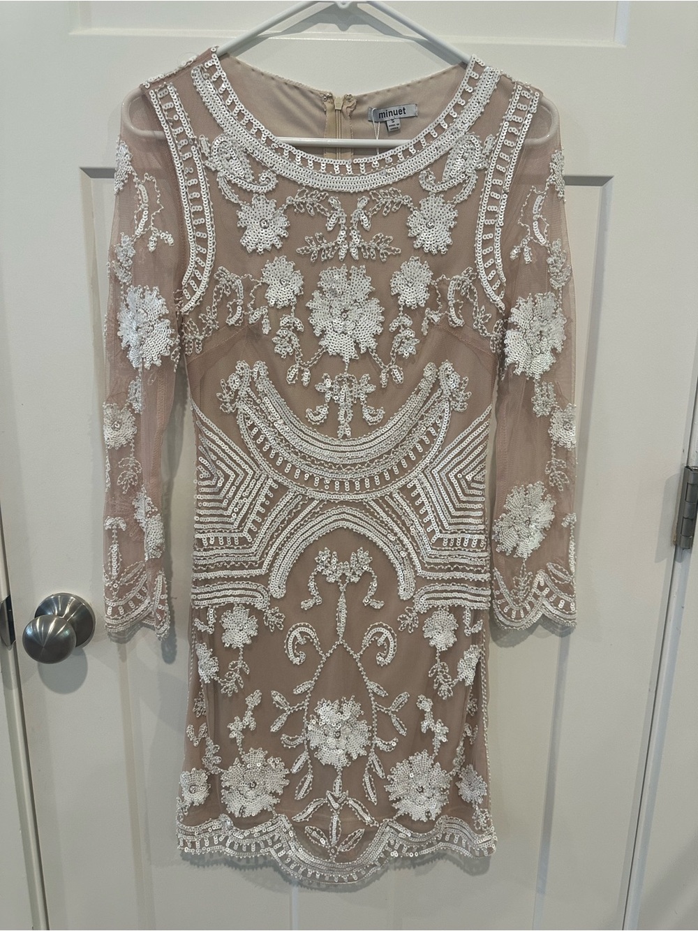 Minuet Petite Nude Sheer Long Sleeve Beaded Cocktail Dress